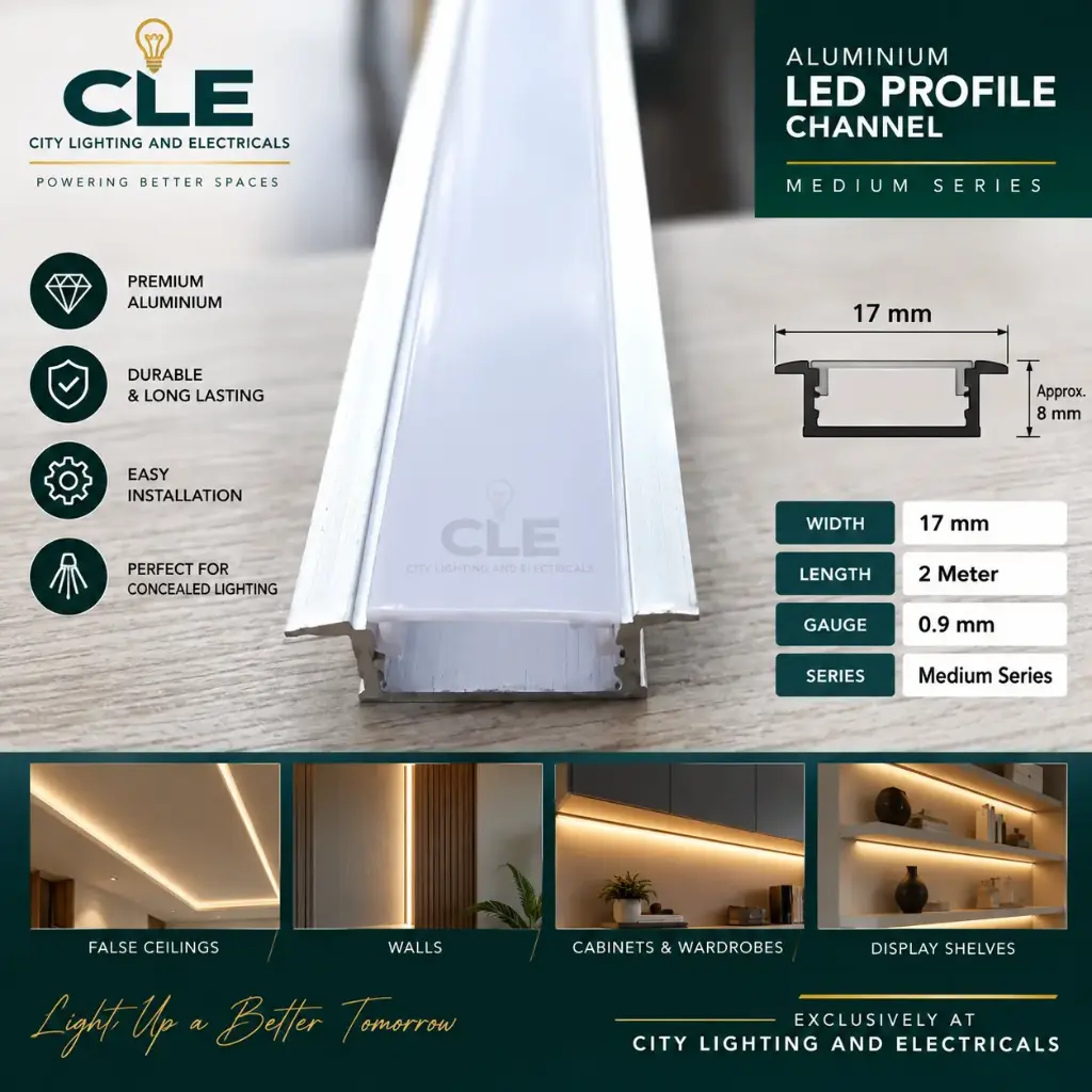 17mm Aluminium LED Strip Profile / Channel – 2 Metre | Medium Grade | 0.9mm Gauge