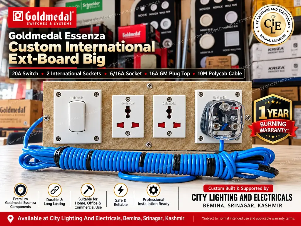 Goldmedal Essenza International Extension Board 20A Switch, 2 International Sockets, 6/16A Socket, 10MTR Polycab Wire | City Lighting And Electricals Srinagar