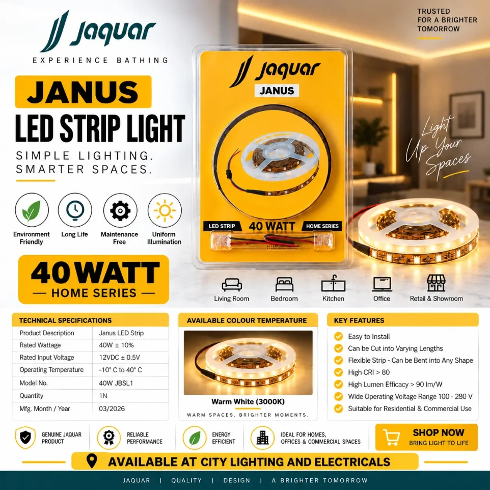 Jaquar Janus 40W LED Strip Light – 12V DC, 5 Metre, Warm White | LJNS240S08XW
